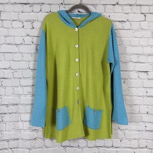 Margaret Winters NY Knit Hooded Cardigan Sweater Jacket Women M Green Turquoise